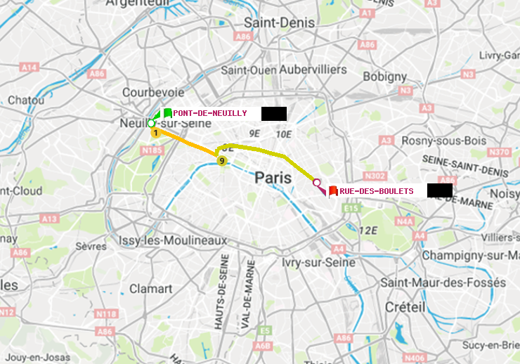 plan itinéraire ratp de Pont de Neuilly à Rue des Boulets