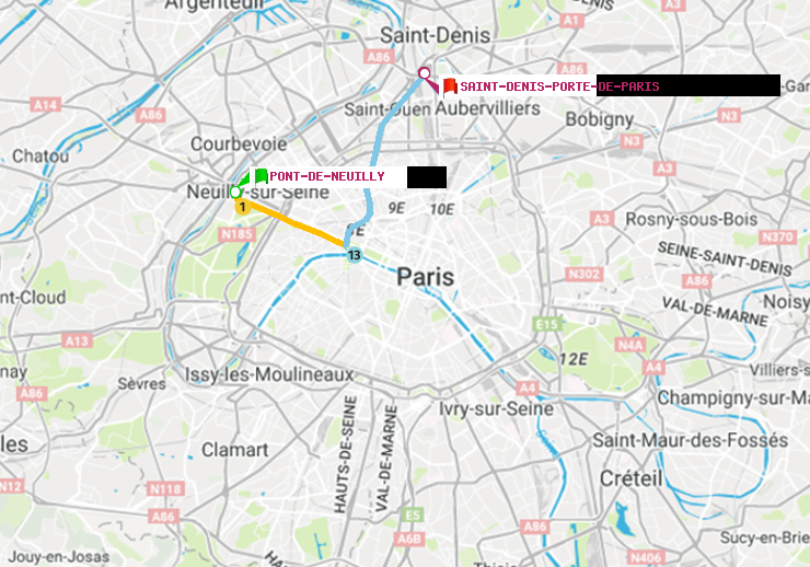 plan itinéraire ratp de Pont de Neuilly à Saint-Denis-Porte de Paris