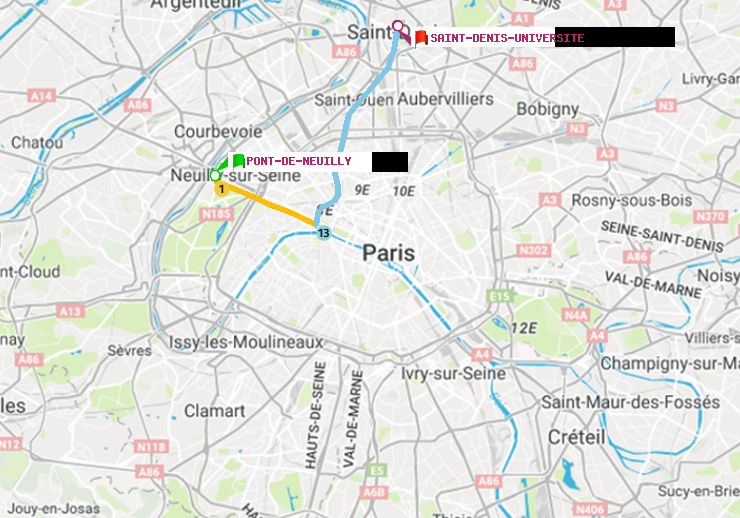 plan itinéraire ratp de Pont de Neuilly à Saint-Denis-Universite