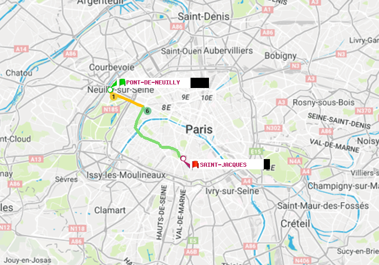 plan itinéraire ratp de Pont de Neuilly à Saint-Jacques