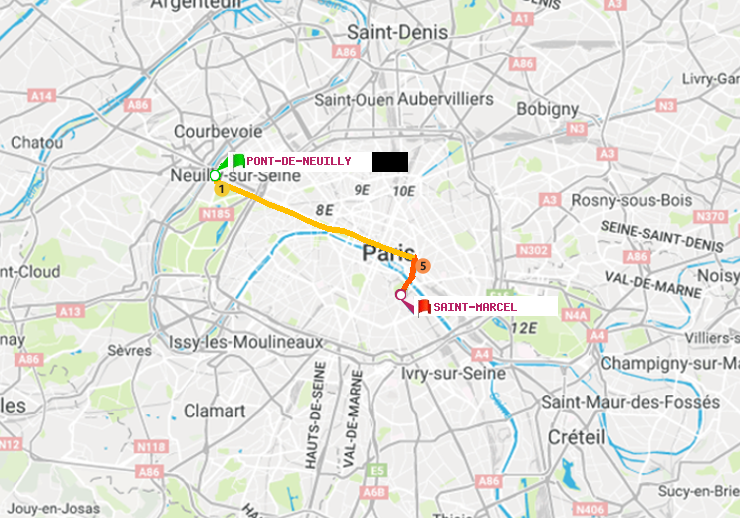 plan itinéraire ratp de Pont de Neuilly à Saint-Marcel