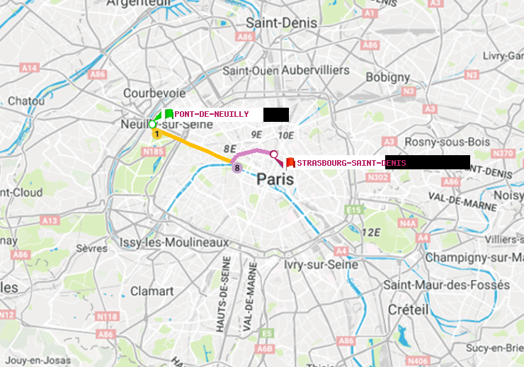 plan itinéraire ratp de Pont de Neuilly à Strasbourg-Saint-Denis