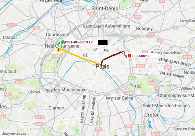 plan itinéraire ratp de Pont de Neuilly à Telegraphe