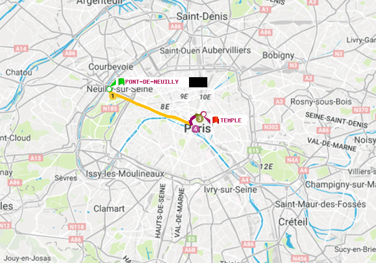plan itinéraire ratp de Pont de Neuilly à Temple
