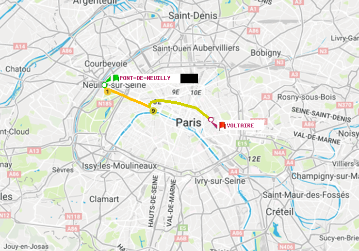 plan itinéraire ratp de Pont de Neuilly à Voltaire (Léon Blum)