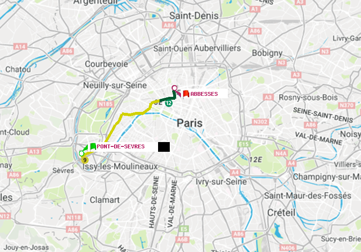 plan itinéraire ratp de Pont de Sèvres à Abbesses