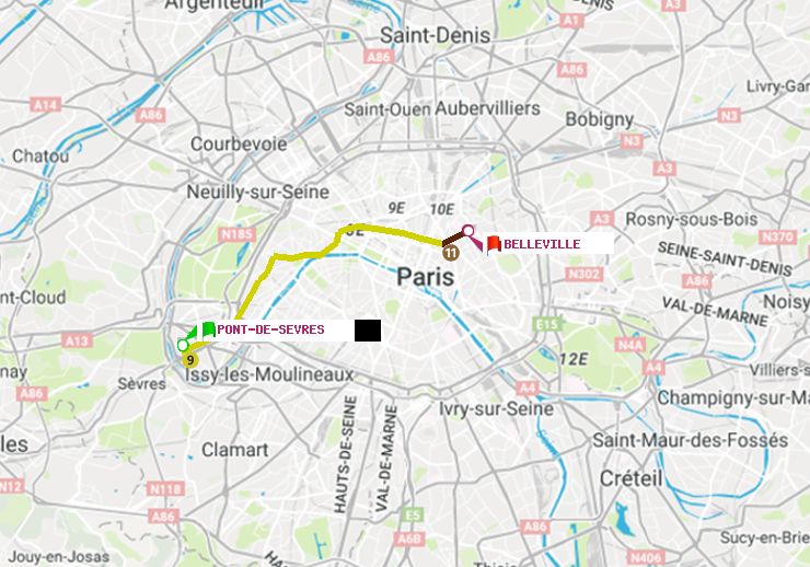 plan itinéraire ratp de Pont de Sèvres à Belleville