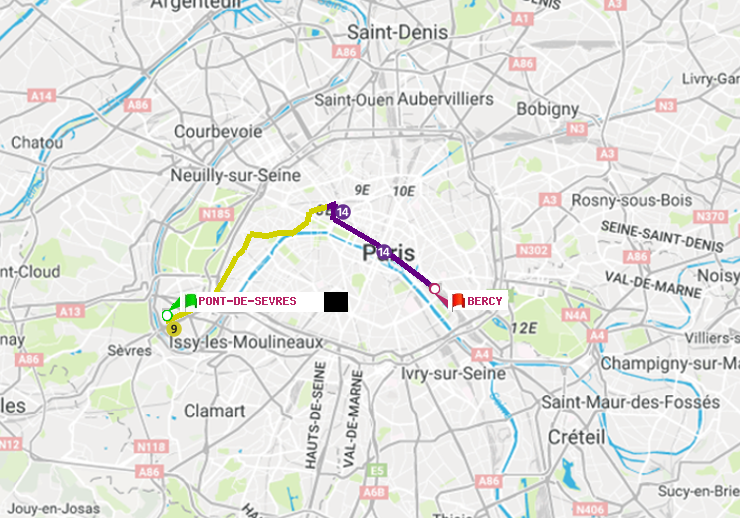 plan itinéraire ratp de Pont de Sèvres à Bercy