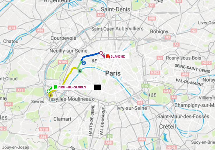 plan itinéraire ratp de Pont de Sèvres à Blanche