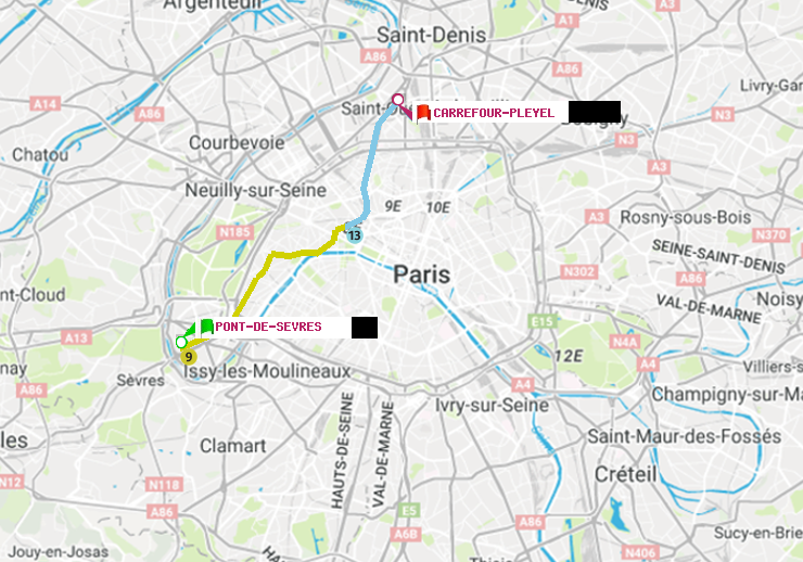 plan itinéraire ratp de Pont de Sèvres à Carrefour-Pleyel