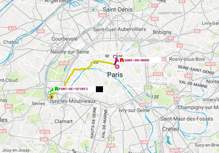 plan itinéraire ratp de Pont de Sèvres à Gare du Nord