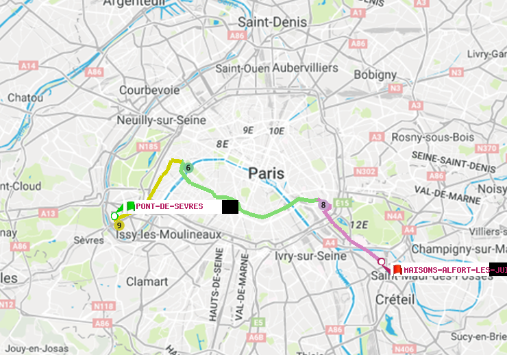 plan itinéraire ratp de Pont de Sèvres à Maisons-Alfort-Les Juilliottes