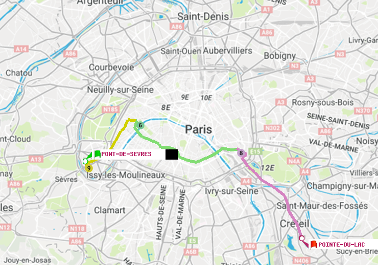 plan itinéraire ratp de Pont de Sèvres à Pointe du Lac