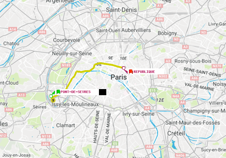 plan itinéraire ratp de Pont de Sèvres à République