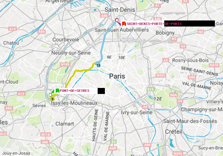 plan itinéraire ratp de Pont de Sèvres à Saint-Denis-Porte de Paris