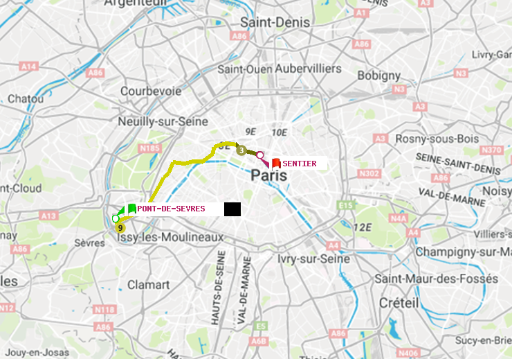 plan itinéraire ratp de Pont de Sèvres à Sentier