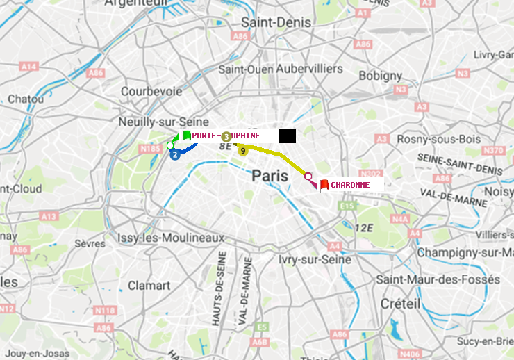 plan itinéraire ratp de Porte Dauphine (Maréchal de Lattre de Tassigny) à Charonne