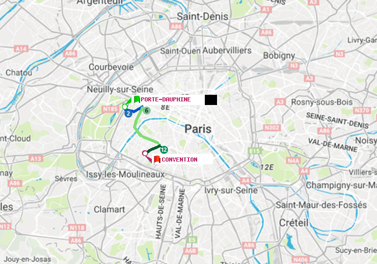 plan itinéraire ratp de Porte Dauphine (Maréchal de Lattre de Tassigny) à Convention
