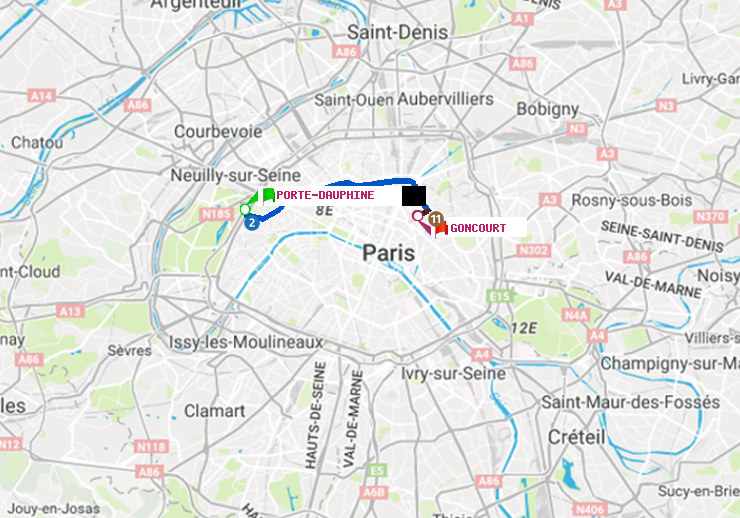 plan itinéraire ratp de Porte Dauphine (Maréchal de Lattre de Tassigny) à Goncourt (Hôpital Saint-Louis)