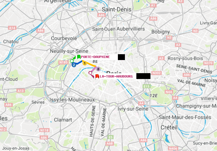 plan itinéraire ratp de Porte Dauphine (Maréchal de Lattre de Tassigny) à La Tour-Maubourg