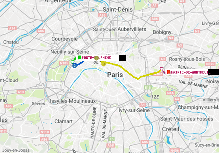 plan itinéraire ratp de Porte Dauphine (Maréchal de Lattre de Tassigny) à Mairie de Montreuil