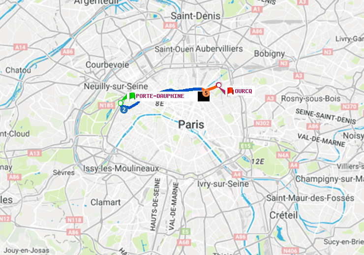 plan itinéraire ratp de Porte Dauphine (Maréchal de Lattre de Tassigny) à Ourcq