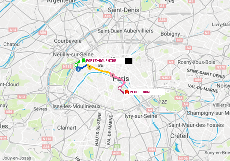 plan itinéraire ratp de Porte Dauphine (Maréchal de Lattre de Tassigny) à Place Monge (Jardin des Plantes)