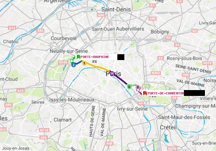 plan itinéraire ratp de Porte Dauphine (Maréchal de Lattre de Tassigny) à Porte de Charenton