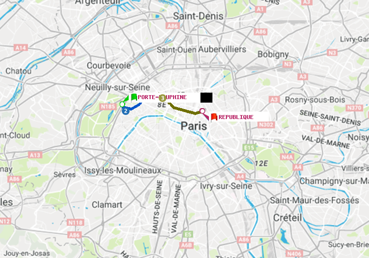 plan itinéraire ratp de Porte Dauphine (Maréchal de Lattre de Tassigny) à République