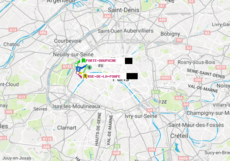 plan itinéraire ratp de Porte Dauphine (Maréchal de Lattre de Tassigny) à Rue de la Pompe (Avenue Georges Mandel)