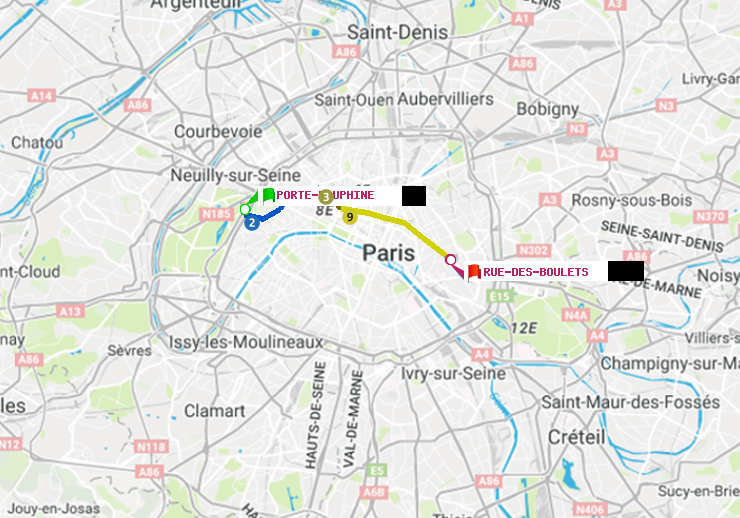 plan itinéraire ratp de Porte Dauphine (Maréchal de Lattre de Tassigny) à Rue des Boulets