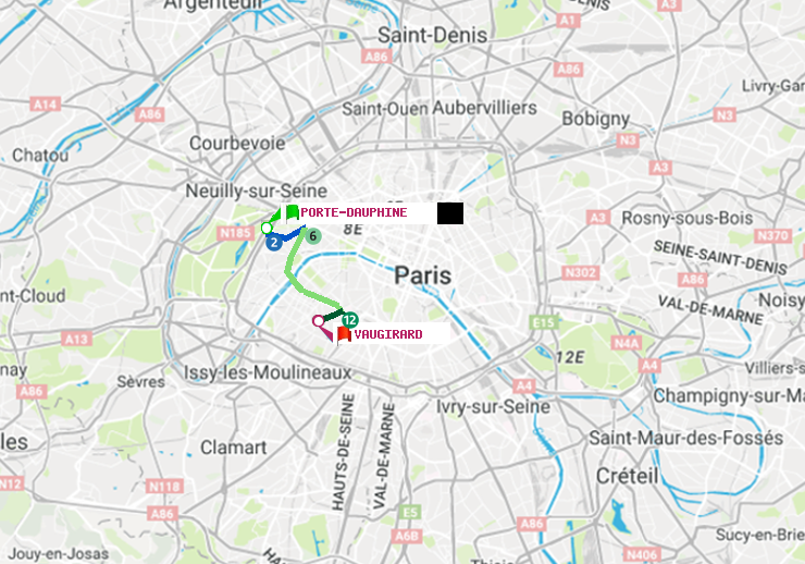 plan itinéraire ratp de Porte Dauphine (Maréchal de Lattre de Tassigny) à Vaugirard (Adolphe Chérioux)