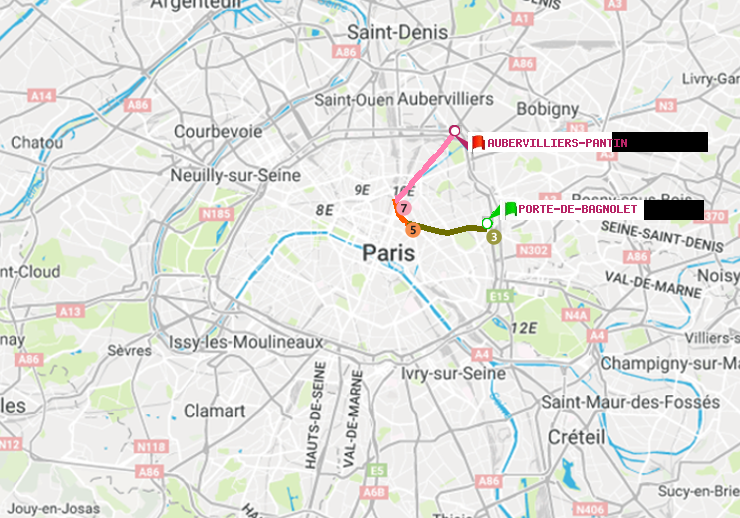 plan itinéraire ratp de Porte de Bagnolet à Aubervilliers Pantin (4 Chemins)