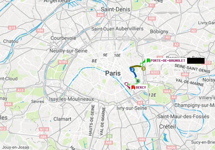 plan itinéraire ratp de Porte de Bagnolet à Bercy
