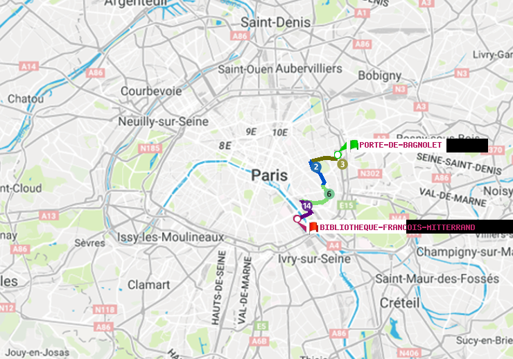 plan itinéraire ratp de Porte de Bagnolet à Bibliotheque-Francois Mitterrand