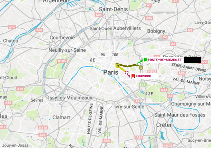 plan itinéraire ratp de Porte de Bagnolet à Charonne