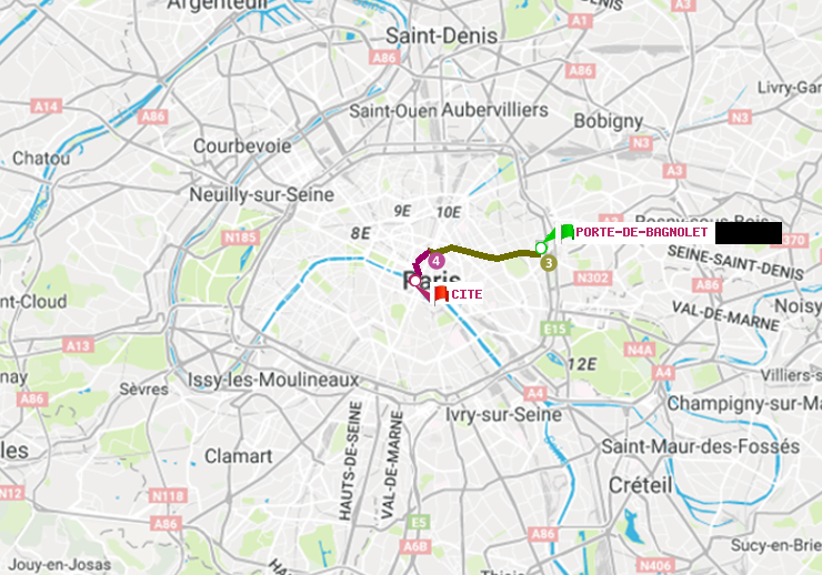 plan itinéraire ratp de Porte de Bagnolet à Cité