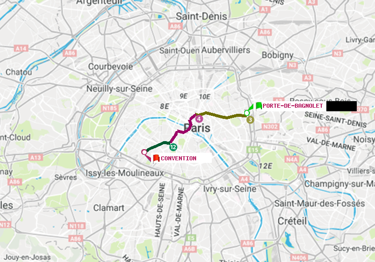 plan itinéraire ratp de Porte de Bagnolet à Convention