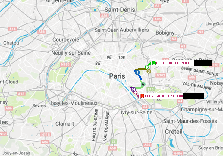 plan itinéraire ratp de Porte de Bagnolet à Cour Saint-Emilion