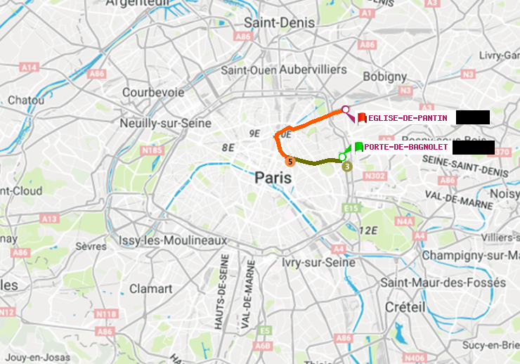 plan itinéraire ratp de Porte de Bagnolet à Eglise de Pantin