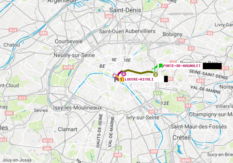 plan itinéraire ratp de Porte de Bagnolet à Louvre-Rivoli