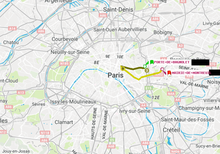 plan itinéraire ratp de Porte de Bagnolet à Mairie de Montreuil