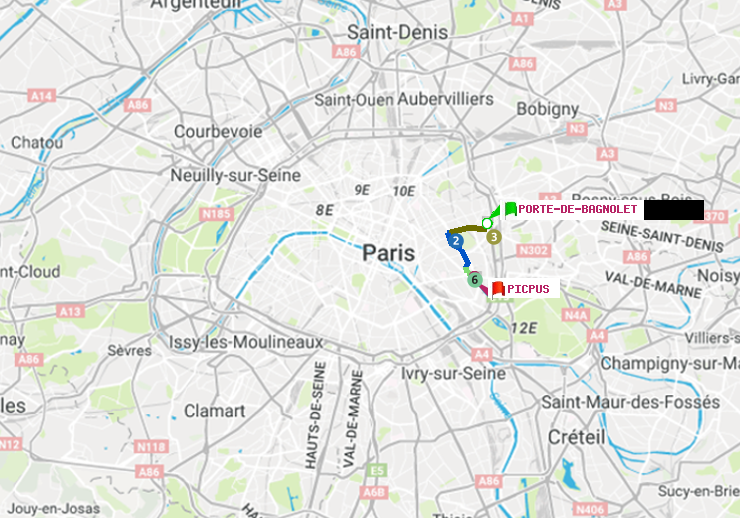 plan itinéraire ratp de Porte de Bagnolet à Picpus