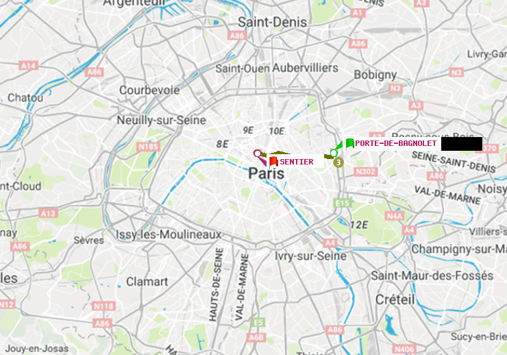 plan itinéraire ratp de Porte de Bagnolet à Sentier