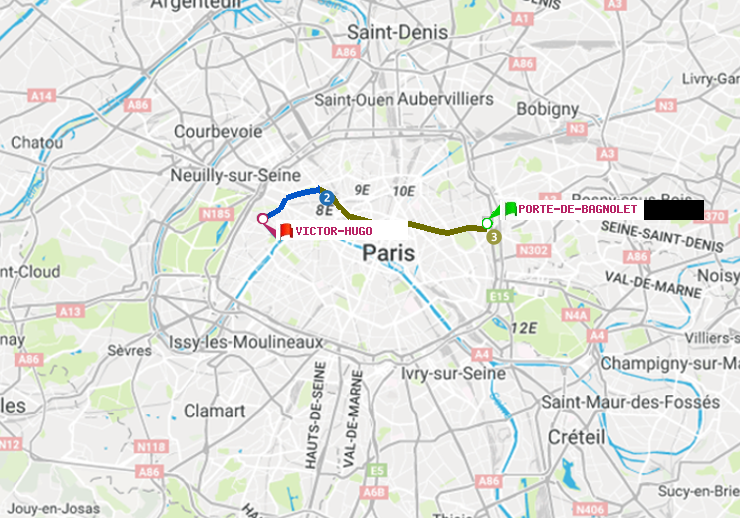 plan itinéraire ratp de Porte de Bagnolet à Victor Hugo