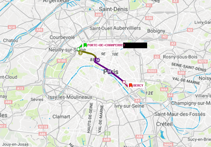 plan itinéraire ratp de Porte de Champerret à Bercy