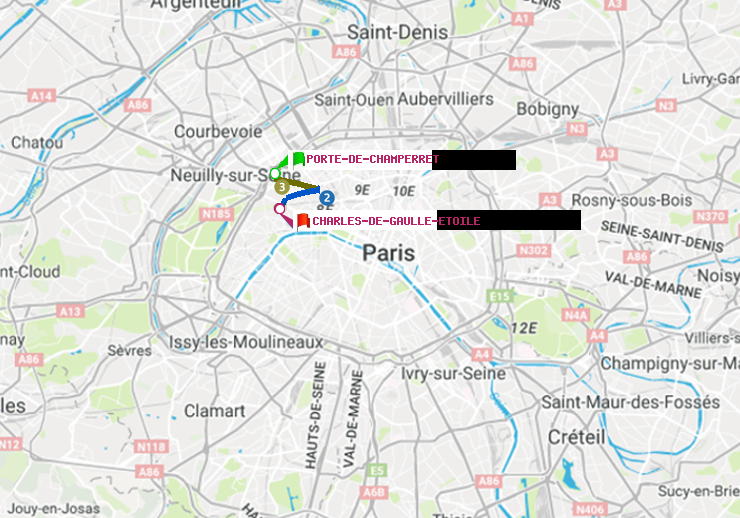 plan itinéraire ratp de Porte de Champerret à Charles de Gaulle-Etoile