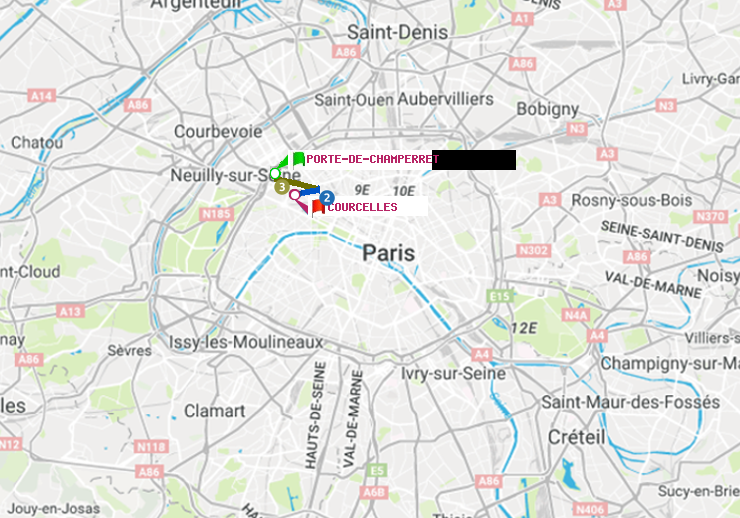 plan itinéraire ratp de Porte de Champerret à Courcelles