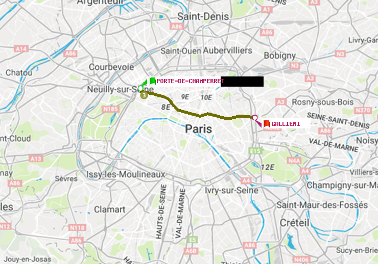 plan itinéraire ratp de Porte de Champerret à Gallieni (Parc de Bagnolet)