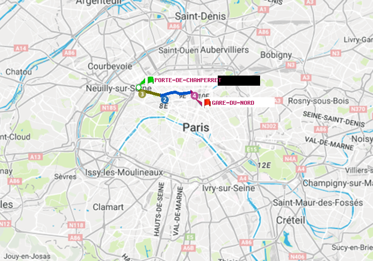 plan itinéraire ratp de Porte de Champerret à Gare du Nord